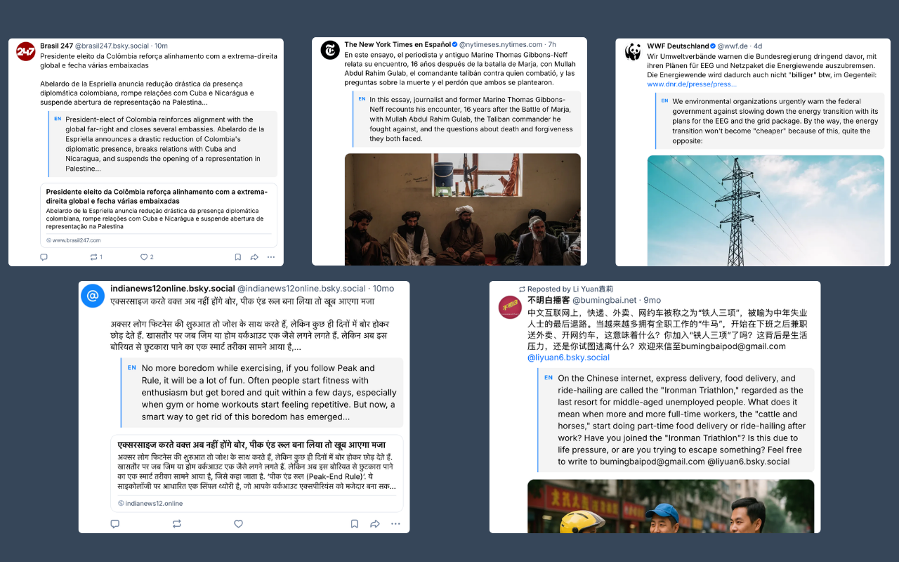 Bluesky feed with English translation cards shown beneath non-English posts
