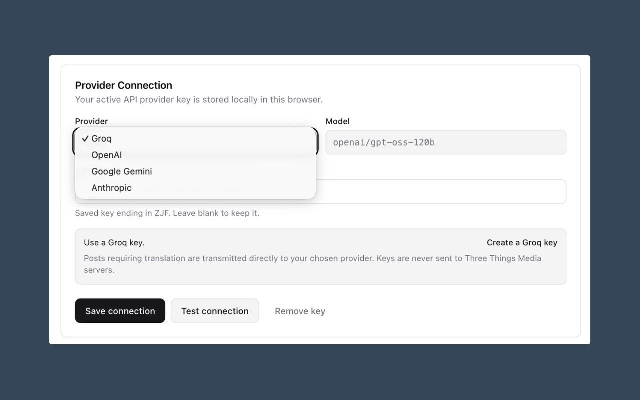 Bluesky Translator settings page showing provider selection and API key controls